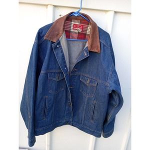 Marlboro Country Store Men XL Denim Jacket Leather Collar Blue Jean Trucker
